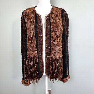 Sandy Starkman Cardigan Sweater Beaded Fringe Women XL Cotton Bohemian Western
